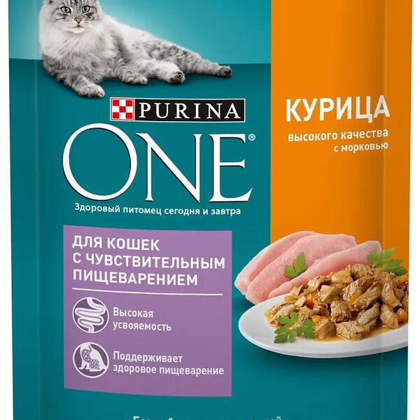 Влажный корм Purina ONE для кошек с чувствительным пищеварением, с курицей и морковью 75г