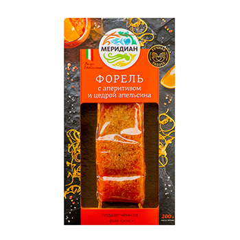 

Форель подкопченная Меридиан филе-кусок с аперитивом и цедрой апельсина 200 г