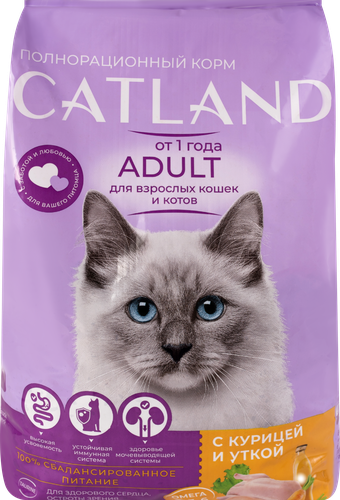 

Корм сухой для взрослых кошек Catland с курицей и уткой полнорационный 1.3 кг