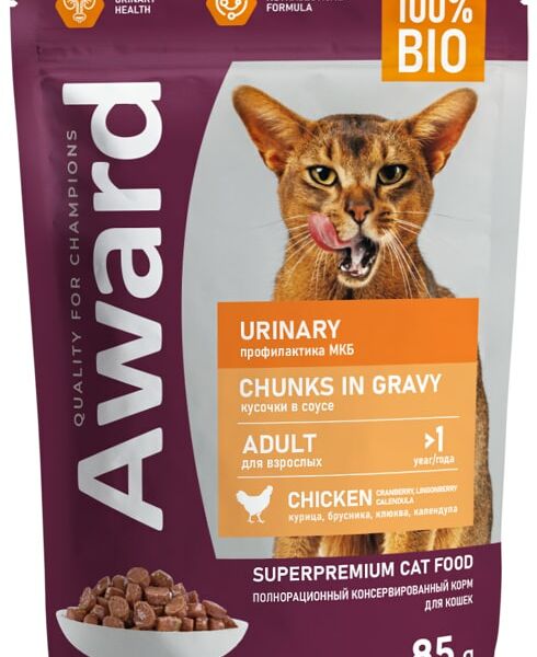 Влажный корм для кошек Award Urinary для профилактики мочекаменной болезни кусочки в соусе с курицей 85г
