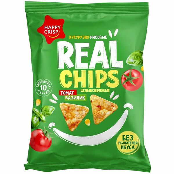 Чипсы Happy Crisp кукурузно-рисовые цельнозерновые со вкусом Томат и базилик, 50г