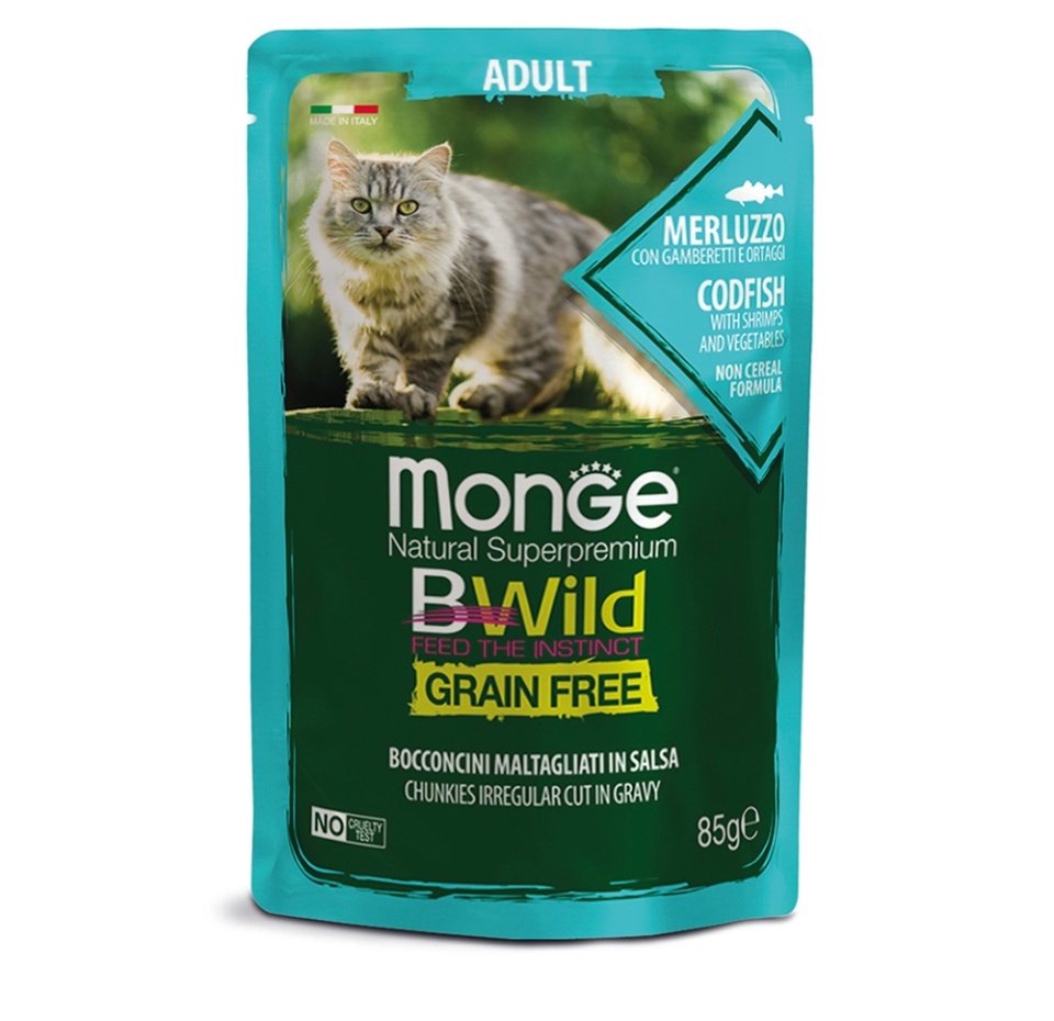 

Корм для кошек Monge Cat BWild Grain free для стерилизованных кошек из тунца с креветками и овощами, 85г