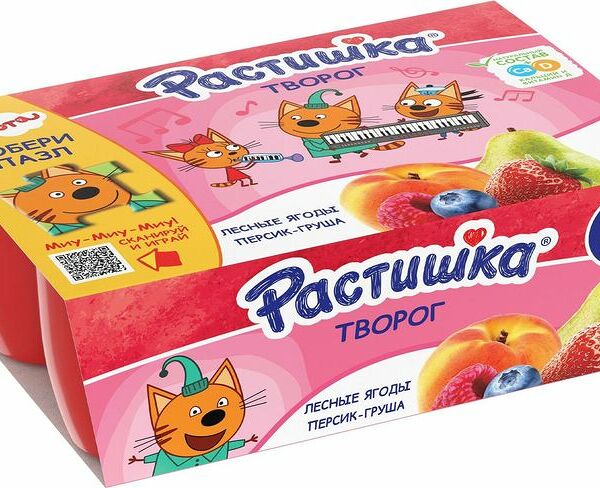 Творог Растишка со вкусами Лесные ягоды, Персик-груша 3,5%, 6×45 г