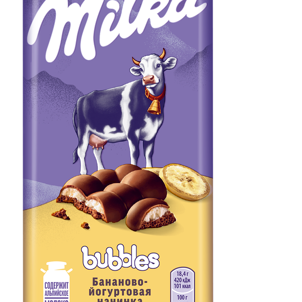 Шоколад Milka Bubbles молочный пористый с бананово-йогуртовой начинкой