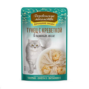 Корм консервированный для кошек Деревенские лакомства тунец с креветкой в нежном желе