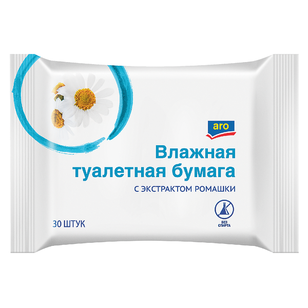 Бумага туалетная влажная с ромашкой, 30 шт ТМ Aro