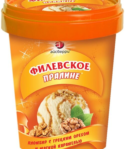 Мороженое Филевское Пломбир Пралине с грецким орехом и мягкой карамелью 550г