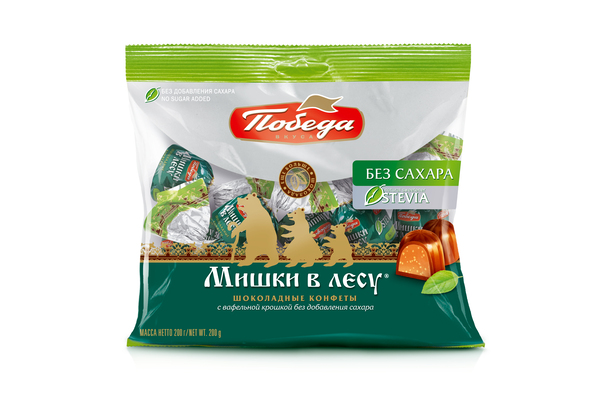 

Конфеты шоколадные Победа вкуса Мишки в лесу с вафельной крошкой без добавления сахара, 200 г