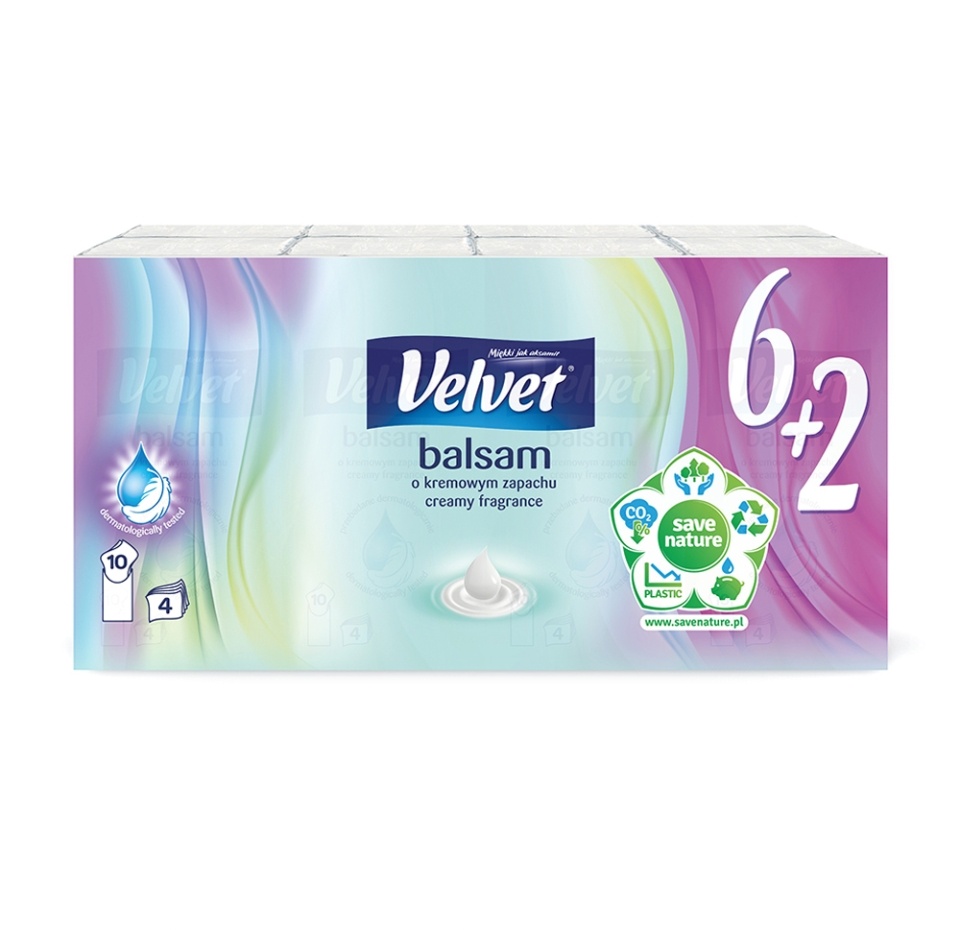 

Платочки бумажные 4-слойные Balsam&Fragrance со сливочным запахом, Velvet, 8x10 шт., Польша