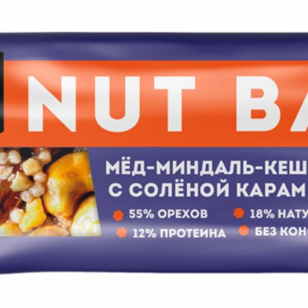 Батончик Soj Nut Bar Мед-Миндаль-Кешью ореховый с ирисо-сливочным вкусом с соленой карамелью, 30г