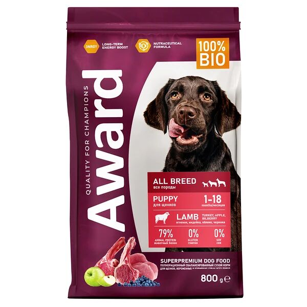 Сухой корм Award для щенков от 1 месяца,беременных и кормящих всех пород, с ягненком и индейкой, яблоко и черника 800 г