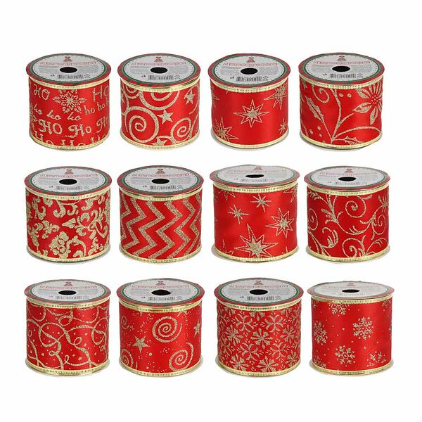 Сноу бум лента для упаковки, с каркасной нитью, 6,3x270см, полиэстер, 12 дизайнов, красно золотые