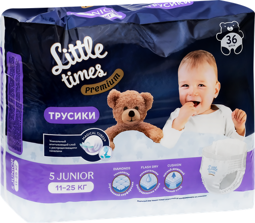 

Подгузники-трусики детские LITTLE TIMES Premium Junior 11–25кг, 36шт