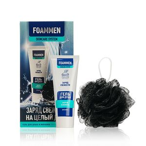 Мужской набор ( гель для душа Foammen " Заряд Свежести " 75мл + мочалка - шар Aqua Joy )