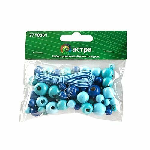 160815 Набор деревянных бусин со шнуром, голубой микс, 6,8,10,12мм, 90шт/упак, Astra&Craft.