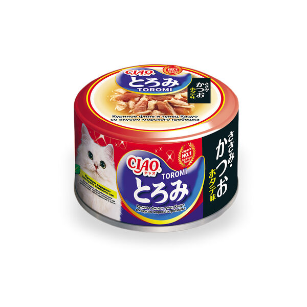 Корм для кошек CIAO Гребешок с мраморной вырезкой японского тунца-бонито и парным филе курицы