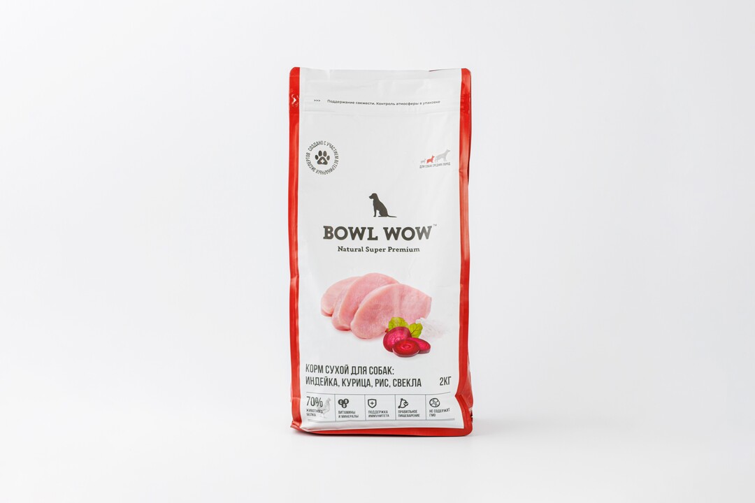 

Сухой корм для собак Bowl Wow для средних пород индейка курица рис и свекла 2 кг