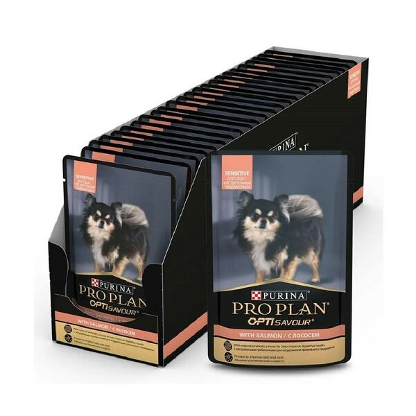 Корм для собак PRO PLAN Opti savour с чувствительным пищеварением, с лососем в соусе пауч 85г (упаковка - 26 шт)