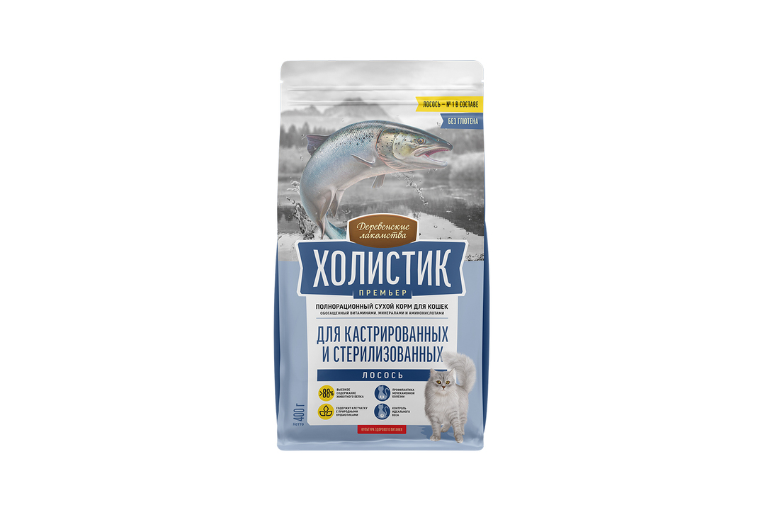 

Сухой корм Деревенские лакомства Холистик Премьер для стерилизованных кошек и котов с лососем 400 г