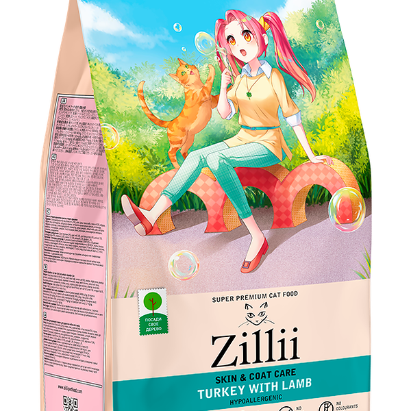 Сухой корм для кошек Zillii поддержка здоровья кожи и шерсти индейка-ягненок, 2 кг