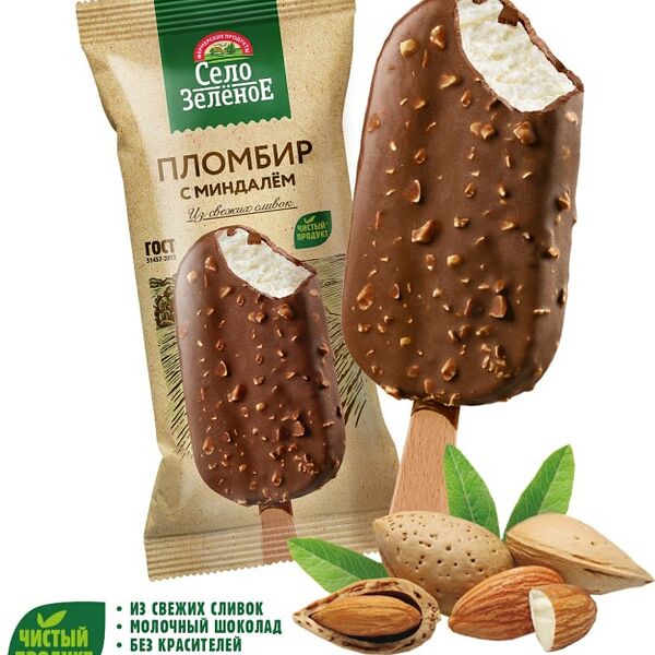 Мороженое Село Зеленое Пломбир Эскимо с ароматом ванили в молочном шоколаде с миндалем 15% 80г