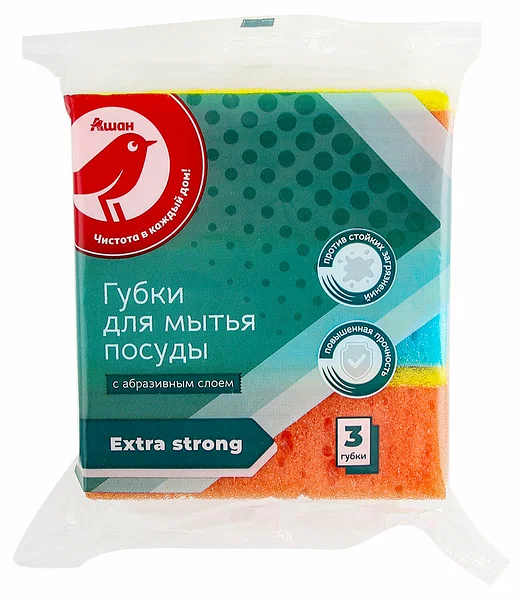 Губки для мытья посуды АШАН Красная птица Extra Strong, 3 шт
