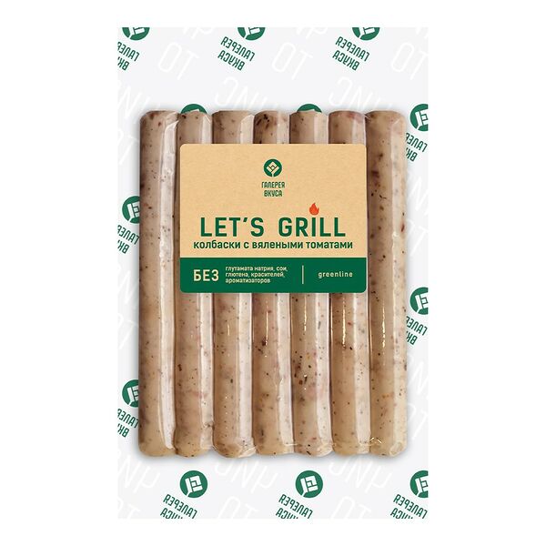 Колбаски для гриля с вялеными помидорам в/к в/с из мяса ц/б охл в/у 595г АК Колос