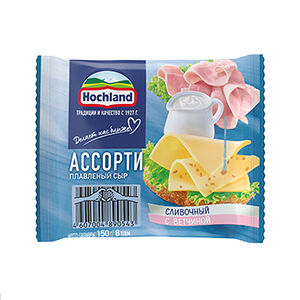 Сыр плавленый Hochland ассорти 45%, ломтики, 150 г (Вкусы: сливочный и с ветчиной)