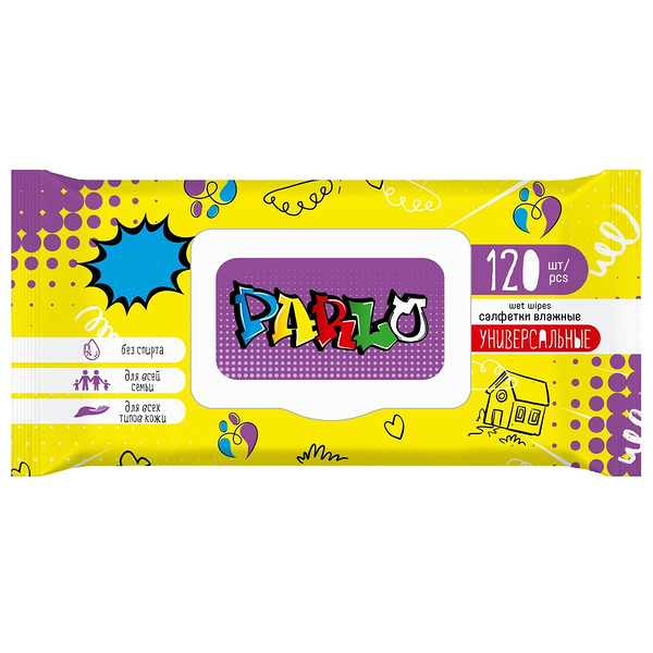 Салфетки влажные Parlo универсальные для всей семьи с крышкой, 120шт