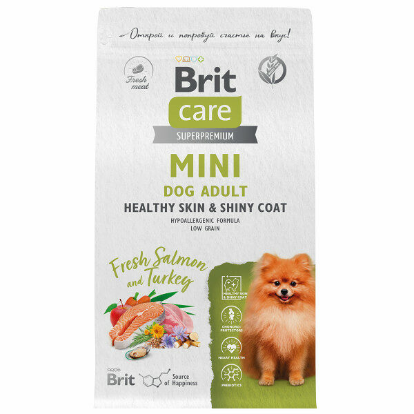 Сухой корм для взрослых собак мелких пород Brit Care Mini Adult Healthy Skin&Shiny Coat с лососем и индейкой 1.5 кг