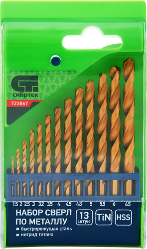 Набор сверл по металлу СИБРТЕХ с нитридтитановым покрытием 1,5–6,5мм (через 0,5мм, 3,2мм, 4,8мм) 13шт, сталь НSS, Арт. 723867