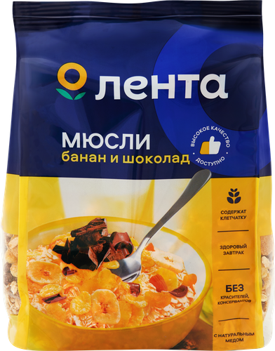 

Мюсли хрустящие ЛЕНТА с шоколадом и бананом с медом 400 г