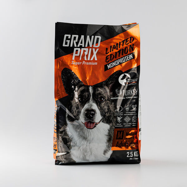 Корм сухой Grand Prix для взрослых собак средних пород с индейкой монопротеин, 2.5 кг