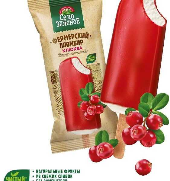 Мороженое Село Зеленое Пломбир фермерский Эскимо Клюква 15% 70г