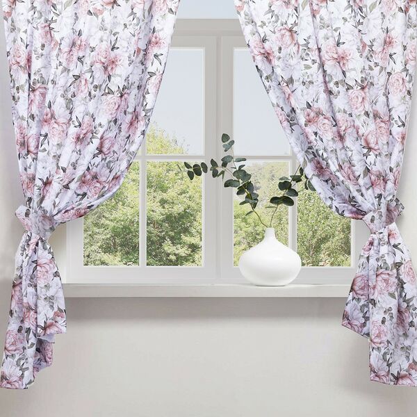 Штора для кухни Этель Пионы, 2 шт, 145х180 см, с подхватами, полиэстер, белый/розовый