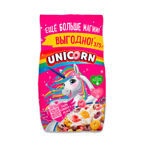 Завтрак Unicorn колечки радужные с фруктовым вкусом 375 г