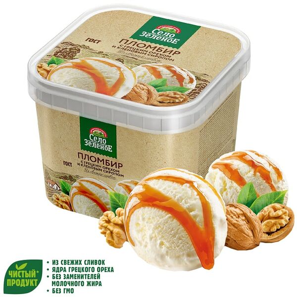 Мороженое Село Зеленое Пломбир с грецким орехом и кленовым сиропом 15% 450г