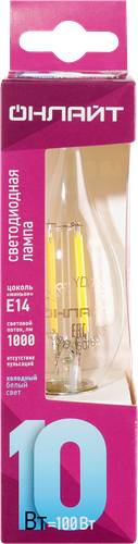 Лампа светодиодная ОНЛАЙТ 10Вт 4000К Е14 свеча пламя, филамент, Арт. 80899