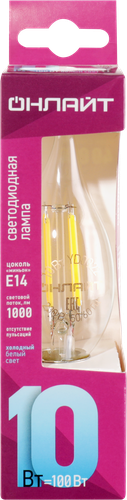 

Лампа светодиодная ОНЛАЙТ 10Вт 4000К Е14 свеча пламя, филамент, Арт. 80899