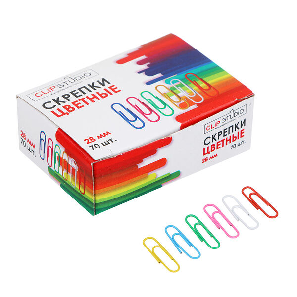 Скрепки канцелярские ClipStudio металлические 28 мм, 70 штук, цветные