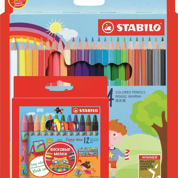 Карандаши цветные Набор STABILO Swans 24 шт + восковые мелки 12 шт 1879/ 2812