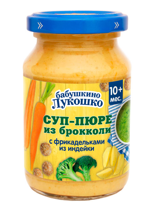 

Суп-пюре мясо-овощное Бабушкино Лукошко Брокколи с фрикадельками из индейки, с 10 месяцев 190 г