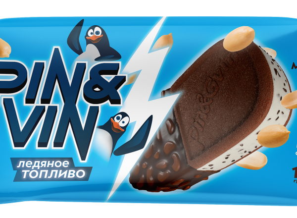 Мороженое Pin&Vin пломбир с печеньем и шоколадной крошкой в шоколадной глазури с арахисом, сэндвич