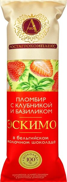 Мороженое А.РостАгроКомплекс Пломбир Эскимо с клубникой и базиликом в молочном шоколаде 15% 65г