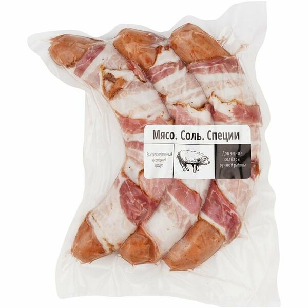 Сосиски Мясо.Соль.Специи в беконе варено-копченые, вес до 400г