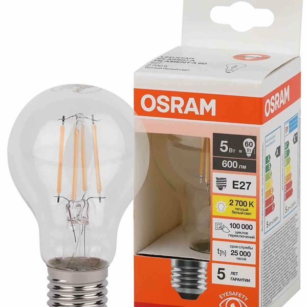 Лампа светодиодная Osram E27 2700K груша, теплый свет, 5 Вт