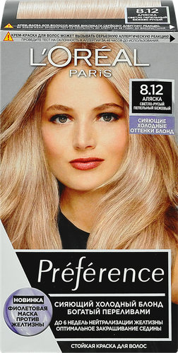 

Стойкая краска для волос L'Oréal Paris Preference Cool Blondes, оттенок 8.12 аляска светло-русый пепельный бежевый