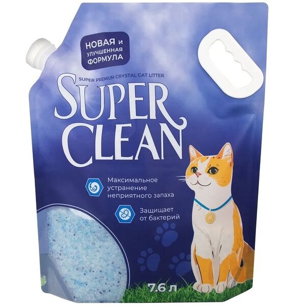 Силикагелевый наполнитель Super Clean, впитывающий для кошачьего туалета 7,6 л (3,2 кг)