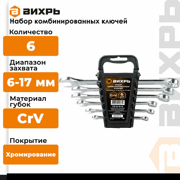 Набор гаечных ключей Вихрь, комбинированные, 6 штук, серебристый