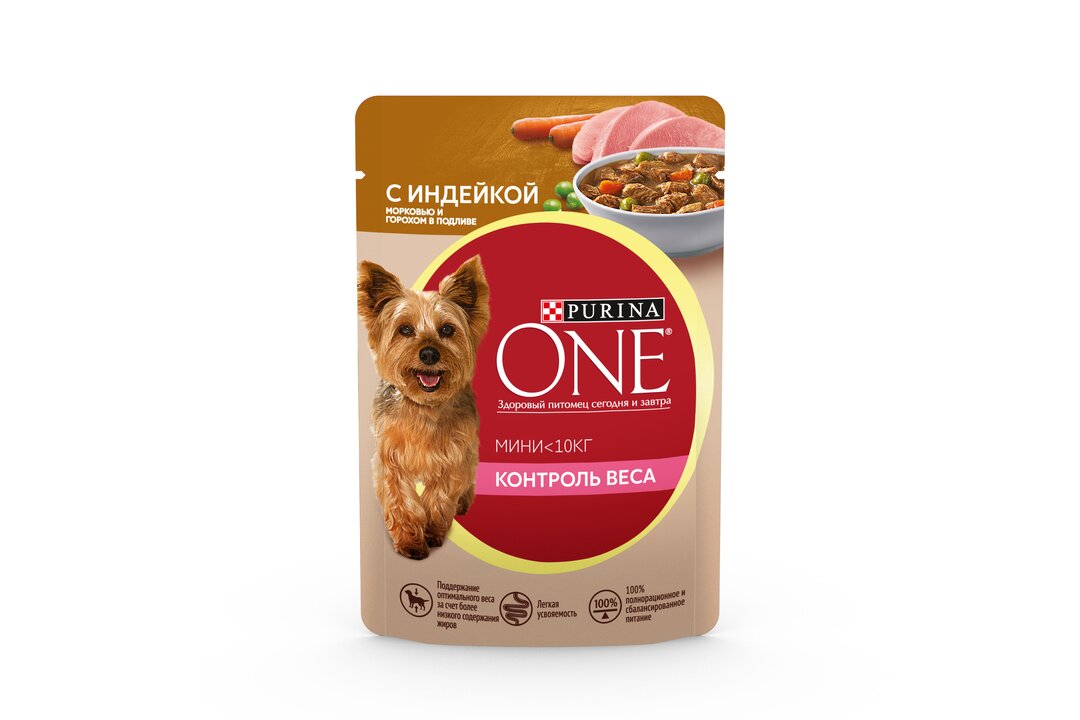 

Влажный корм Purina One Мини Контроль веса для взрослых собак мелких пород с низкой физической активностью или склонных к набору веса, с индейкой, морковью и горохом в подливе 85 г